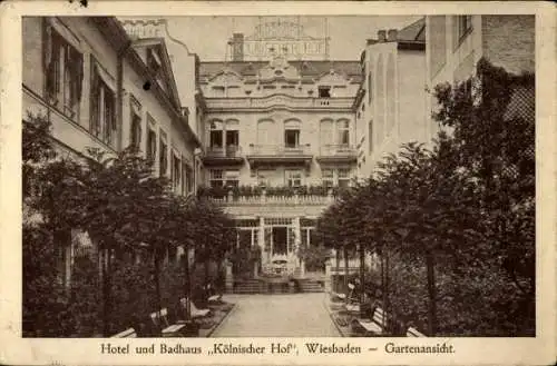 Ak Wiesbaden in Hessen, Gartenansicht des Hotel und Badhauses Kölnischer Hof