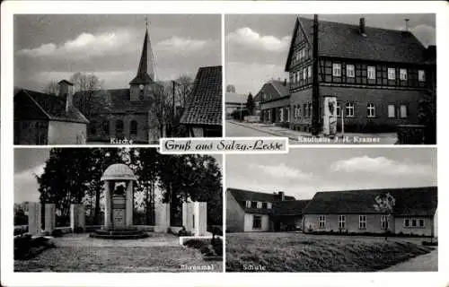 Ak Lesse Salzgitter in Niedersachsen, Kirche, Kaufhaus Kramer, Ehrenmal, Schule