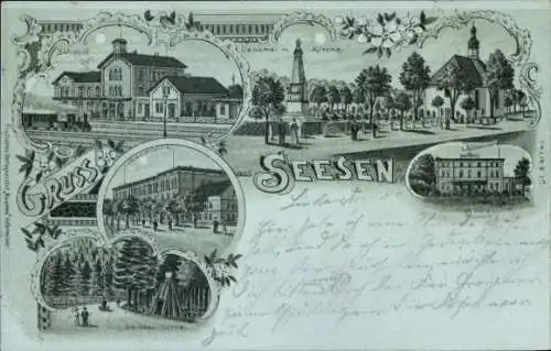 Mondschein Litho Seesen in Niedersachsen, Bahnhof, Jacobsonschule, Kurhotel, Schildau Köthe