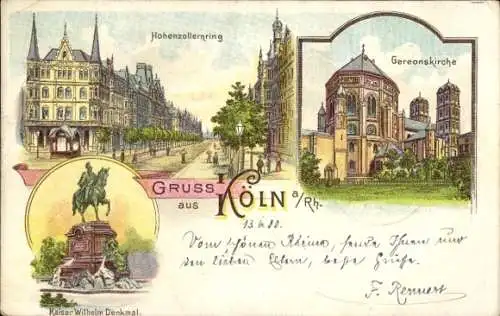 Litho Köln am Rhein, Hohenzollernring, Gereonskirche, Kaiser Wilhelm Denkmal