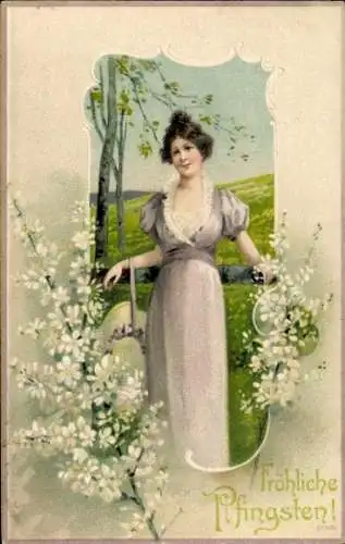 Litho Glückwunsch Pfingsten, Schöne junge Dame am Zaun, Blüten