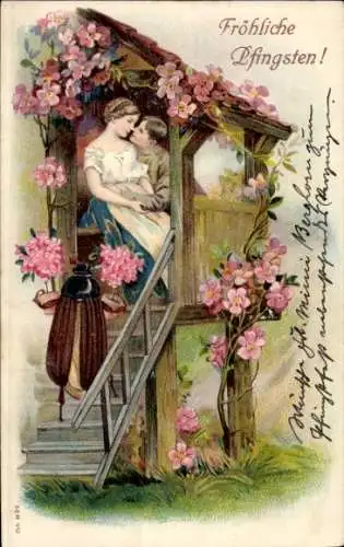 Präge Ak Glückwunsch Pfingsten, Liebespaar, Maikäfer, Blumen