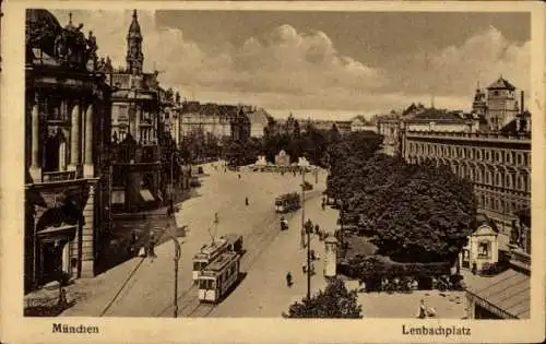 Ak München, Lenbachplatz, Straßenbahnen