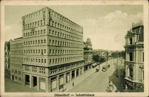 Ak Düsseldorf am Rhein, Industriehaus, Litfaßsäule, Straßenbahn