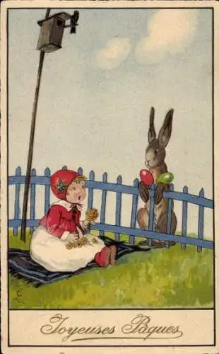 Künstler Ak Glückwunsch Ostern, Osterhase, Ostereier, Kind