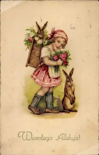 Ak Glückwunsch Ostern, Mädchen mit Blumen, Osterhasen