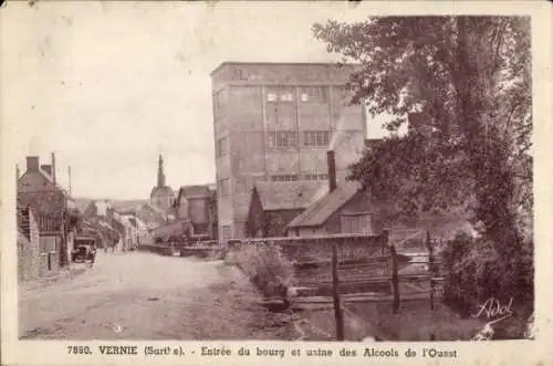 Ak Vernie Sarthe, Entree du bourg, usine des Alcools de l'Ouest