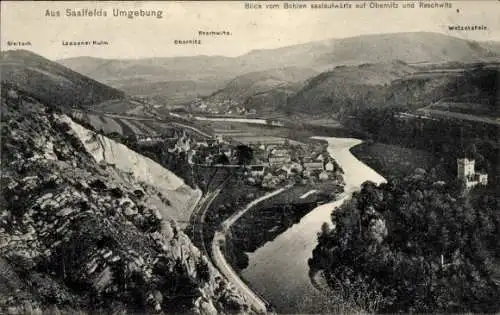 Ak Obernitz Saalfeld a. d. Saale Thüringen, Blick vom Bohlen saalaufwärts auf Obernitz und Reschwitz