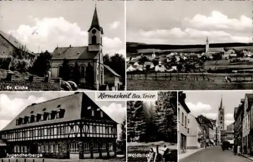 Ak Hermeskeil im Hunsrück, evangelische Kirche, Jugendherberge, Gesamtansicht, Waldblick, Kirche