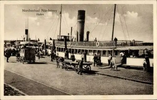 Ak Nordseebad Norderney Ostfriesland, Hafen, Dampfschiff, Fuhrwerk