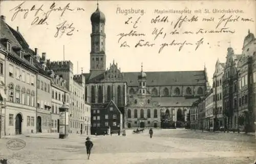 Ak Augsburg in Schwaben, Maximiliansplatz, St. Ulrichskirche, Litfaßsäule