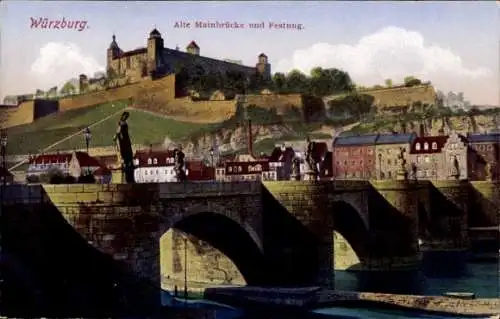 Ak Würzburg am Main Unterfranken, Alte Mainbrücke und Festung