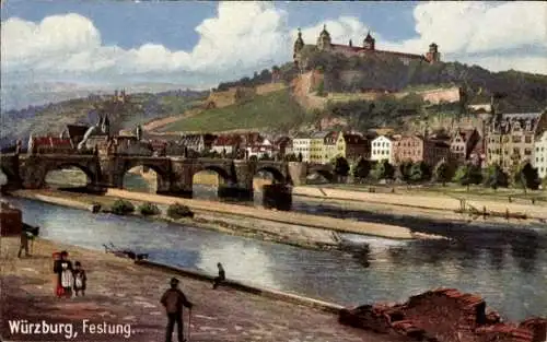 Künstler Ak Würzburg am Main Unterfranken, Festung Marienberg, Brücke, Main