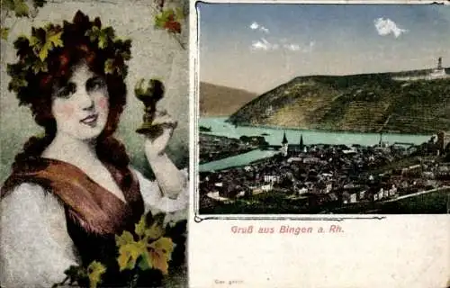 Ak Bingen am Rhein, Panorama, Frau mit Weinglas