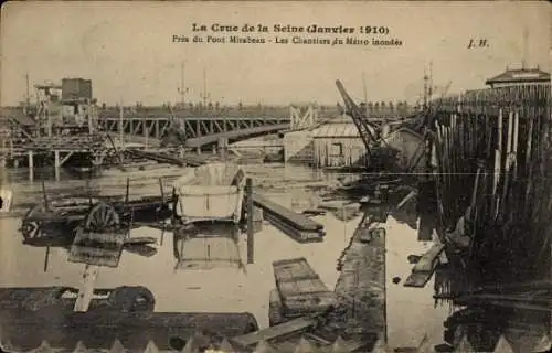 Ak Paris XV Vaugirard, In der Nähe der Mirabeau-Brücke, Die große Seineflut, Januar 1910