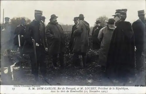 Ak Rambouillet Yvelines, König Carlos von Portugal, Emile Loubet, Jagdszene 1905