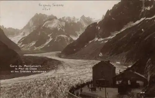 Ak Haute-Savoie, Gare du Montanvert, Mer de Glace, Grandes Jorasses, Gletscherzunge