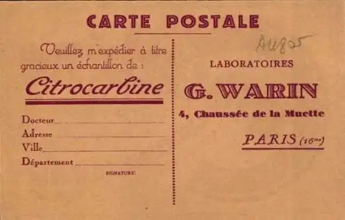 Ak Paris XVI., Laboratoires G. Warin, Chaussee de la Musette, Citrocarbine