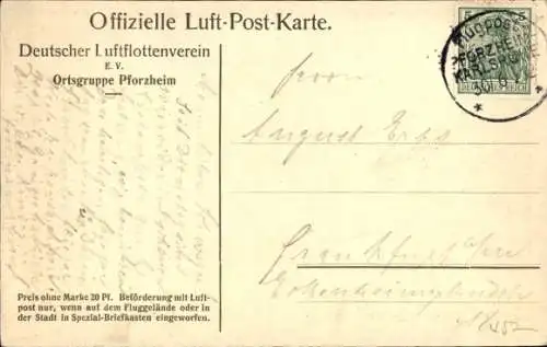 Künstler Ak Pforzheim im Schwarzwald, Erste Pforzheimer Luft-Post, Deutscher Luftflottenverein