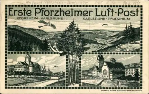 Künstler Ak Pforzheim im Schwarzwald, Erste Pforzheimer Luftpost, Deutscher Luftflottenverein