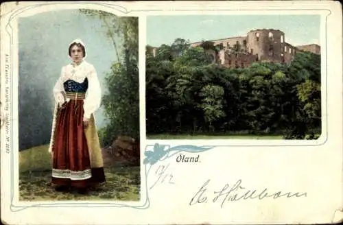 Litho Öland Schweden, Burgruine, Frau in Tracht