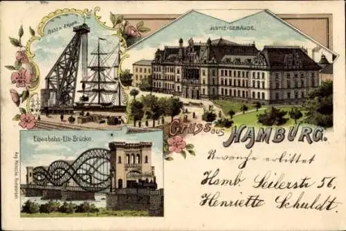 Litho Hamburg, Riesenkran im Hafen, Justizgebäude, Eisenbahn Elb Brücke