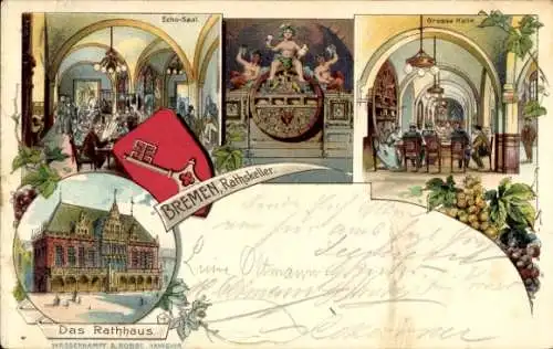 Wappen Litho Hansestadt Bremen, Gasthaus Ratskeller, Rathaus, Inh. Ludewigs & Grote