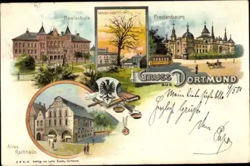 Litho Dortmund im Ruhrgebiet, Fredenbaum, Vehmlinde, Realschule, Rathaus