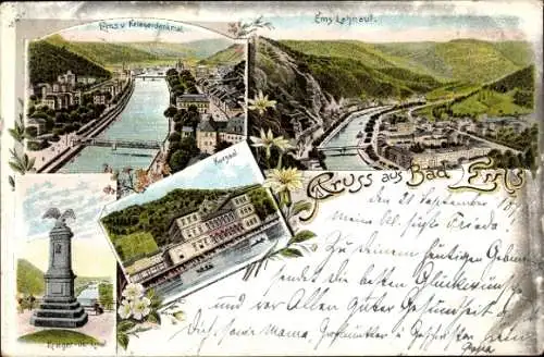 Litho Bad Ems an der Lahn, Kursaal, Kriegerdenkmal, Panorama Lahnaufwärts