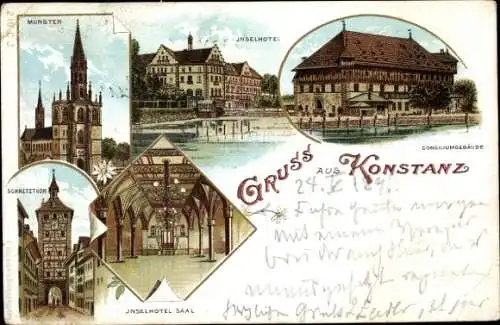 Litho Konstanz am Bodensee, Münster, Inselhotel, Schnetztor, Conciliumgebäude