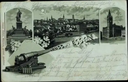 Mondschein Litho Essen im Ruhrgebiet, Krupp-Denkmal, Rathaus, Stadtpanorama, Kanone