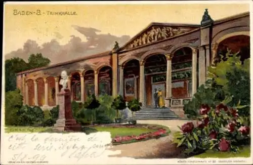 Litho Baden Baden am Schwarzwald, Trinkhalle, Außenansicht, Büste, Passanten