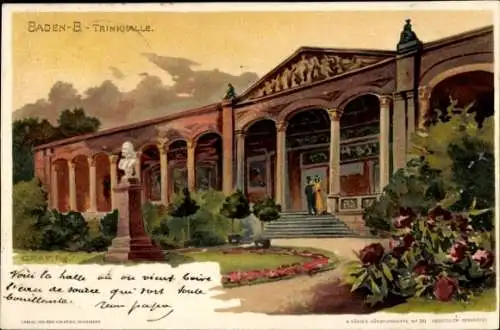 Litho Baden Baden am Schwarzwald, Trinkhalle, Außenansicht, Büste, Passanten