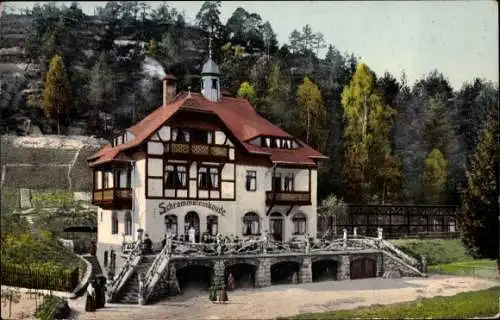 Ak Bad Schandau Sächsische Schweiz, Schrammsteinbaude am Fusse des Schrammsteingebietes