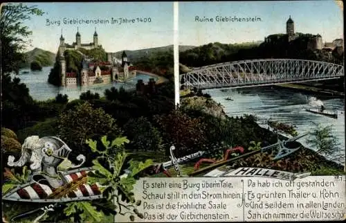 Ak Halle an der Saale, Burg Giebichenstein im Jahre 1400 und Ruine, Brücke