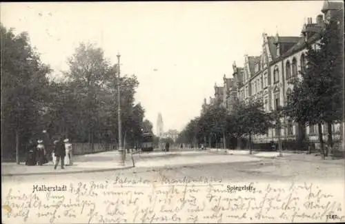 Ak Halberstadt am Harz, Spiegelstraße, Straßenbahn