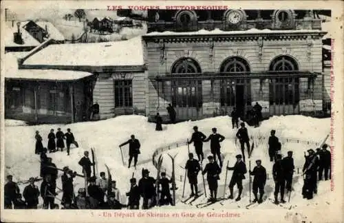 Ak Gérardmer Lothringen Vosges, Bahnhof, Skiläufer