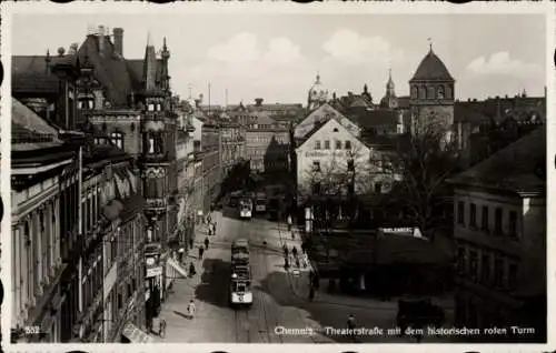 Ak Chemnitz in Sachsen, Theaterstraße, historischer roter Turm