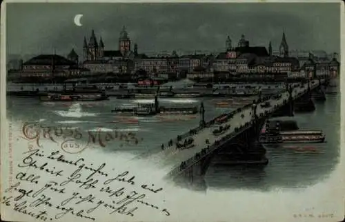 Mondschein Litho Mainz am Rhein, Teilansicht, Brücke