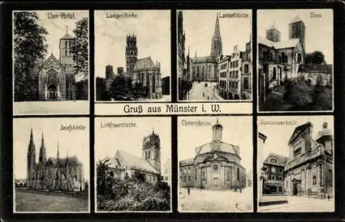 Ak Münster in Westfalen, Dom-Portal, Ludgerikirche, Lambertikirche, Josefskirche, Liebfrauenkirche