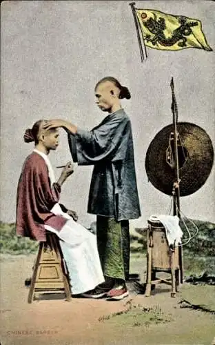 Ak Chinesischer Friseur, Strohhut, Fahne
