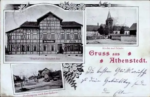 Ak Athenstedt Halberstadt Sachsen Anhalt, Gasthof, Kirche, Schule, Dorfausgang nach Dardesheim