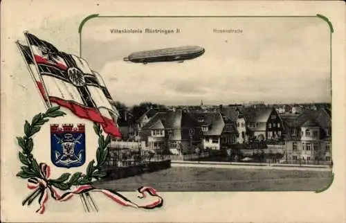 Passepartout Ak Rüstringen Wilhelmshaven, Zeppelin über der Villenkolonie Rüstringen II, Rosenstraße