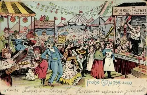 Litho Festplatz, Volksfest, Attraktionen, Schreckenstag des XIX. Jahrhunderts, Königsmord, Besucher