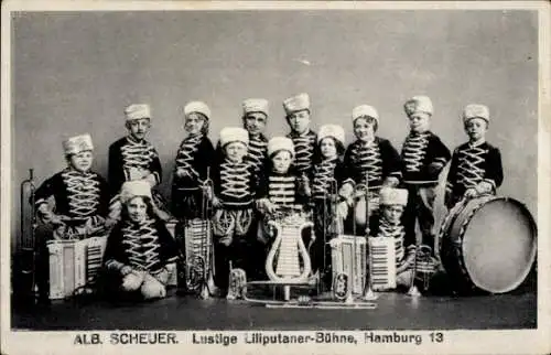 Ak Alb. Scheuers Lustige Liliputaner Bühne, Hamburg 13, Uniformen, Musikinstrumente