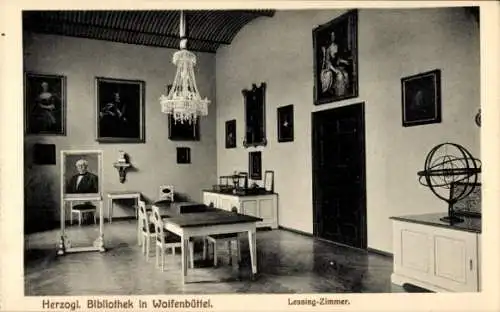 Ak Wolfenbüttel in Niedersachsen, Lessingzimmer der Herzoglichen Bibliothek