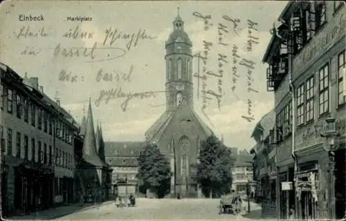 Ak Einbeck in Niedersachsen, Marktplatz mit Kirche, Geschäfte