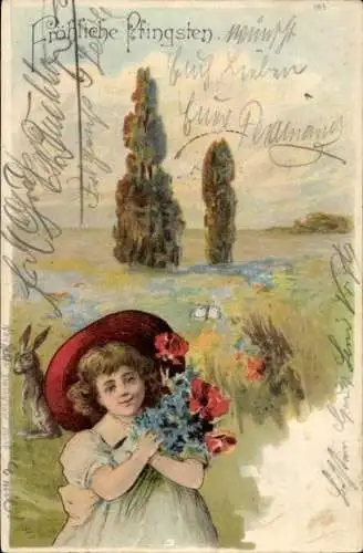 Litho Glückwunsch Pfingsten, Mädchen, Blumenstrauß, Hase