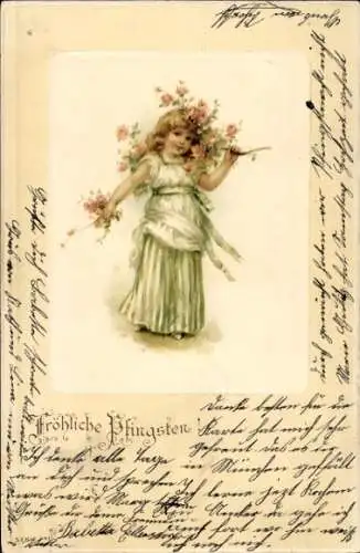 Präge Litho Glückwunsch Pfingsten, Mädchen in weißem Kleid, Blumen