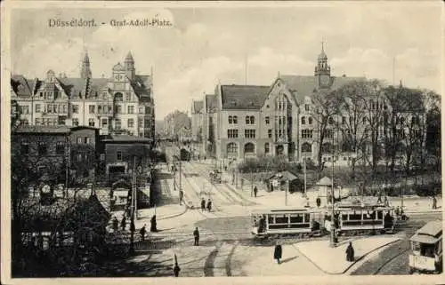 Ak Düsseldorf am Rhein, Graf-Adolf-Platz, Straßenbahnen, Litfaßsäule